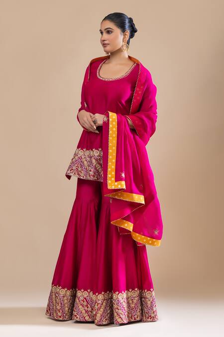 Shop Label Radini Pink Chanderi Pearls, Applique, Embroidery Round Gul Jaal Kurta And Gharara Set Online at Aza Fashions Shop_Label Radini_Pink Chanderi Pearls, Applique, Embroidery Round Gul Jaal Kurta And Gharara Set _Online_at_Aza_Fashions