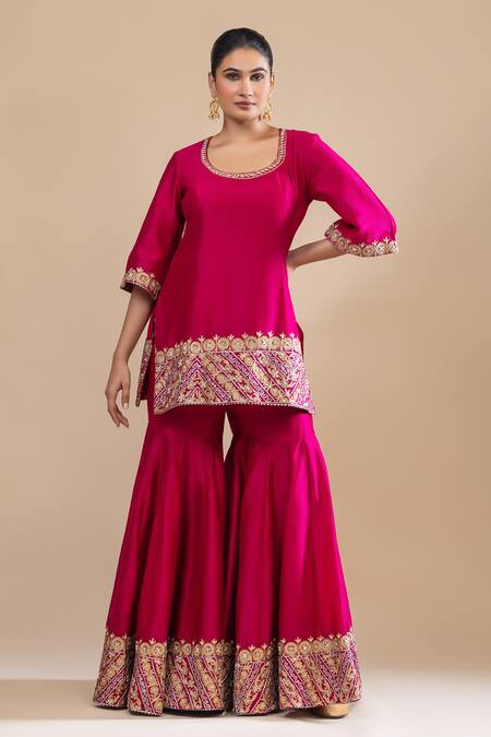 Label Radini Pink Chanderi Pearls, Applique, Embroidery Round Gul Jaal Kurta And Gharara Set at Aza Fashions Label Radini_Pink Chanderi Pearls, Applique, Embroidery Round Gul Jaal Kurta And Gharara Set _at_Aza_Fashions