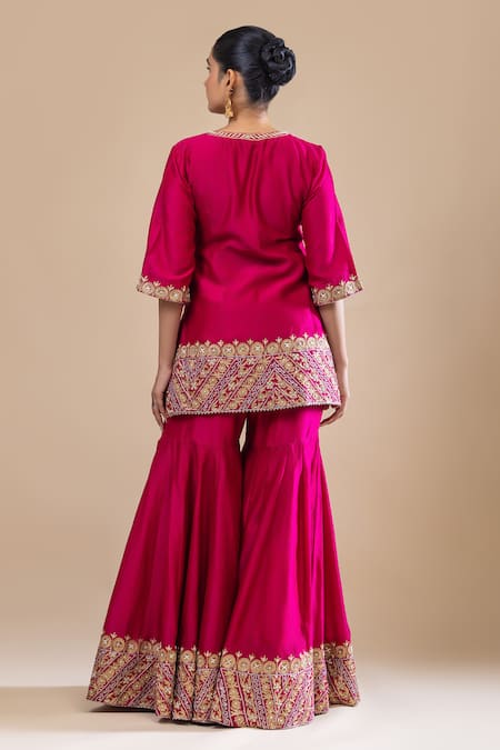 Shop Label Radini Pink Chanderi Pearls, Applique, Embroidery Round Gul Jaal Kurta And Gharara Set at Aza Fashions Shop_Label Radini_Pink Chanderi Pearls, Applique, Embroidery Round Gul Jaal Kurta And Gharara Set _at_Aza_Fashions