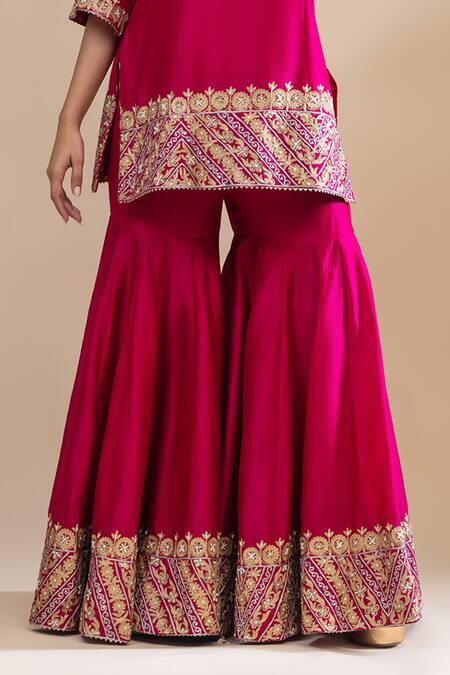 Buy Label Radini Pink Chanderi Pearls, Applique, Embroidery Round Gul Jaal Kurta And Gharara Set Buy_Label Radini_Pink Chanderi Pearls, Applique, Embroidery Round Gul Jaal Kurta And Gharara Set