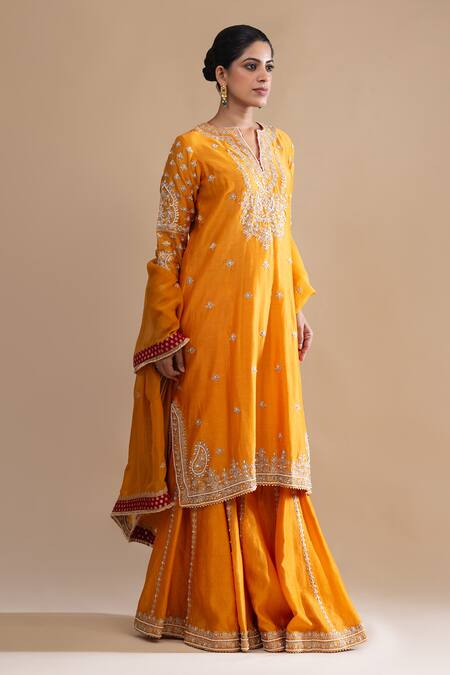 Label Radini_Yellow Chanderi Pearls Split V-neck Kashmiri Tilla And Embroidered Set _Online_at_Aza_Fashions