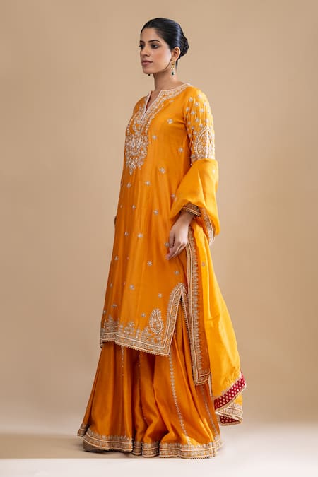 Shop_Label Radini_Yellow Chanderi Pearls Split V-neck Kashmiri Tilla And Embroidered Set _Online_at_Aza_Fashions
