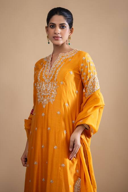 Label Radini_Yellow Chanderi Pearls Split V-neck Kashmiri Tilla And Embroidered Set _at_Aza_Fashions