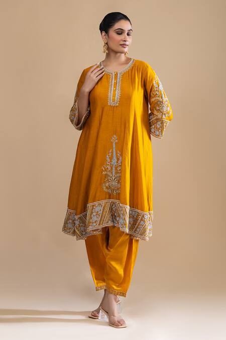 Shop Label Radini Yellow Chanderi Pearls Round Neck Aari Embroidered Choga Kurta Set Online at Aza Fashions Shop_Label Radini_Yellow Chanderi Pearls Round Neck Aari Embroidered Choga Kurta Set _Online_at_Aza_Fashions