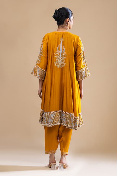 Shop Label Radini Yellow Chanderi Pearls Round Neck Aari Embroidered Choga Kurta Set at Aza Fashions Shop_Label Radini_Yellow Chanderi Pearls Round Neck Aari Embroidered Choga Kurta Set _at_Aza_Fashions