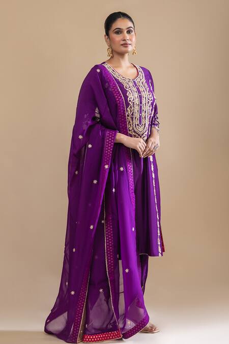 Label Radini_Purple Chanderi Sequins Round Neck Kashmiri Tilla Embroidered Kurta Dhoti Set _Online_at_Aza_Fashions
