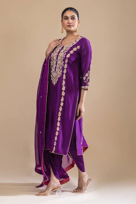 Buy_Label Radini_Purple Chanderi Sequins Round Neck Kashmiri Tilla Embroidered Kurta Dhoti Set _Online_at_Aza_Fashions
