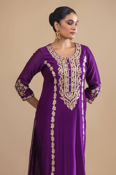 Shop_Label Radini_Purple Chanderi Sequins Round Neck Kashmiri Tilla Embroidered Kurta Dhoti Set _Online_at_Aza_Fashions