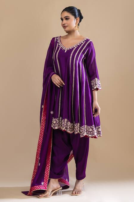 Label Radini Purple Chanderi Pearls V-neck Aari Embroidered Choga Kurta Set Online at Aza Fashions Label Radini_Purple Chanderi Pearls V-neck Aari Embroidered Choga Kurta Set _Online_at_Aza_Fashions