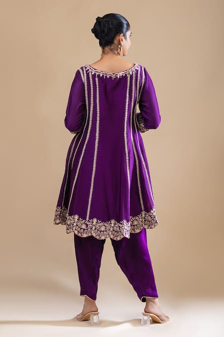 Shop Label Radini Purple Chanderi Pearls V-neck Aari Embroidered Choga Kurta Set at Aza Fashions Shop_Label Radini_Purple Chanderi Pearls V-neck Aari Embroidered Choga Kurta Set _at_Aza_Fashions