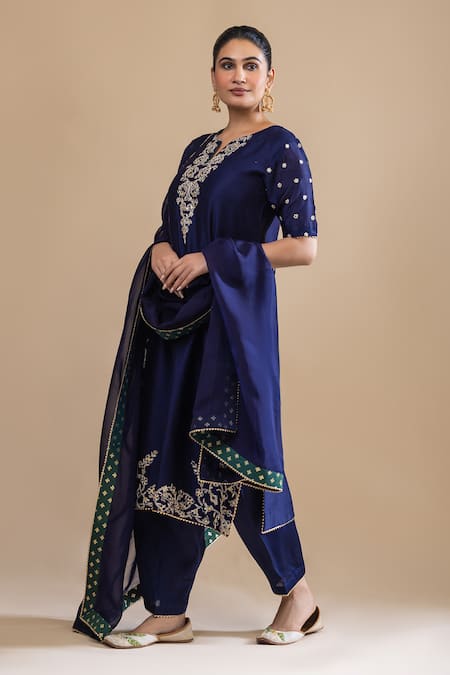 Label Radini_Blue Chanderi Embroidery, Sequins Split V-neck Bahar Kurta Set _Online_at_Aza_Fashions
