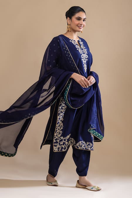 Shop_Label Radini_Blue Chanderi Embroidery, Sequins Split V-neck Bahar Kurta Set _Online_at_Aza_Fashions