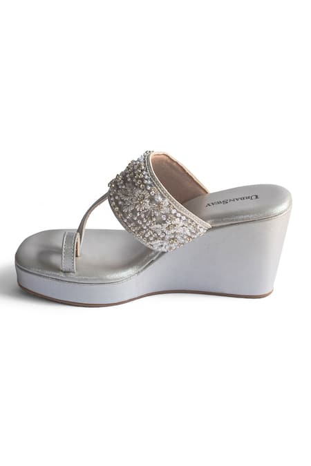 Urbansway_Silver Cut Work, Pearls, Stones Floral Embellished Wedges _Online_at_Aza_Fashions