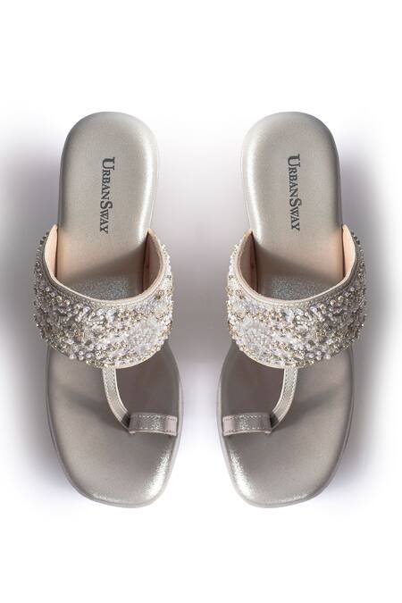 Buy_Urbansway_Silver Cut Work, Pearls, Stones Floral Embellished Wedges _Online_at_Aza_Fashions