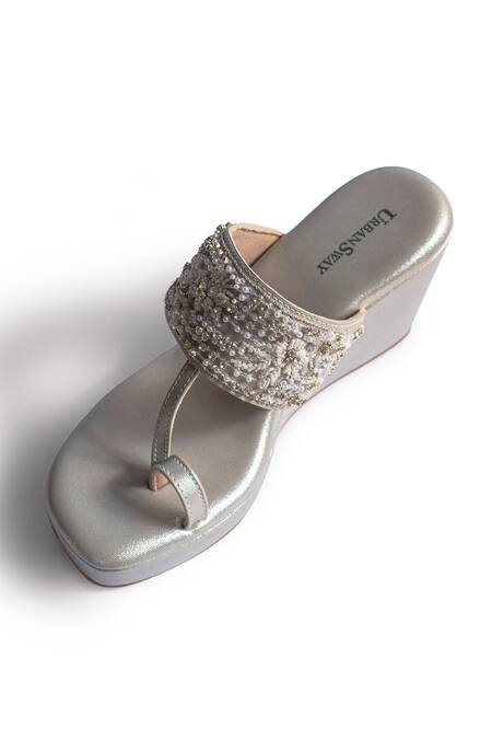 Shop_Urbansway_Silver Cut Work, Pearls, Stones Floral Embellished Wedges _Online_at_Aza_Fashions