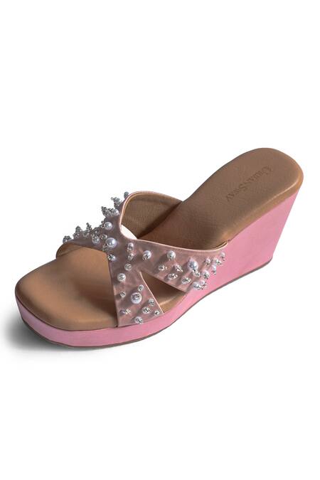 Buy_Urbansway_Pink Pearls Embellished Criss Cross Wedges _Online_at_Aza_Fashions