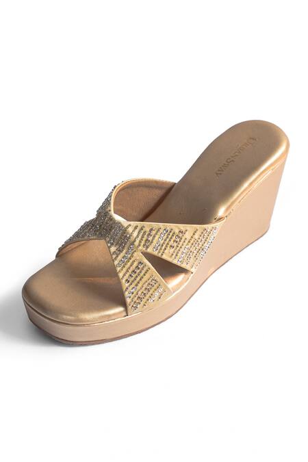 Urbansway_Gold Cut Work, Sequins Cutdana Strap Wedges _Online_at_Aza_Fashions