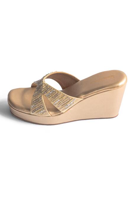 Buy_Urbansway_Gold Cut Work, Sequins Cutdana Strap Wedges _Online_at_Aza_Fashions