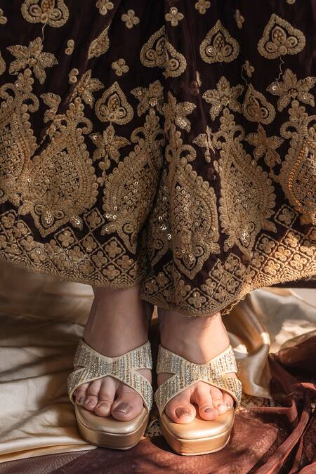 Shop_Urbansway_Gold Cut Work, Sequins Cutdana Strap Wedges _Online_at_Aza_Fashions