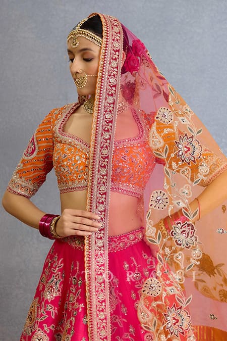 Torani_Orange Jersey, Silk, Net Pearls, Zari, Embroidery, Gul Bridal Lehenga Set _Online_at_Aza_Fashions