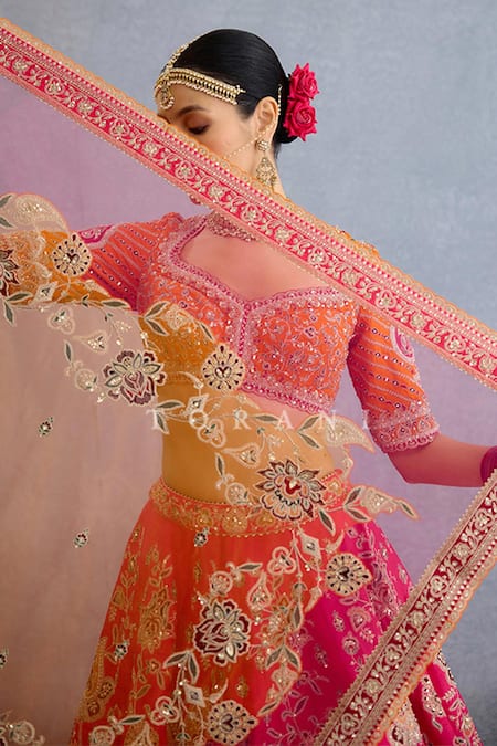 Buy_Torani_Orange Jersey, Silk, Net Pearls, Zari, Embroidery, Gul Bridal Lehenga Set _Online_at_Aza_Fashions