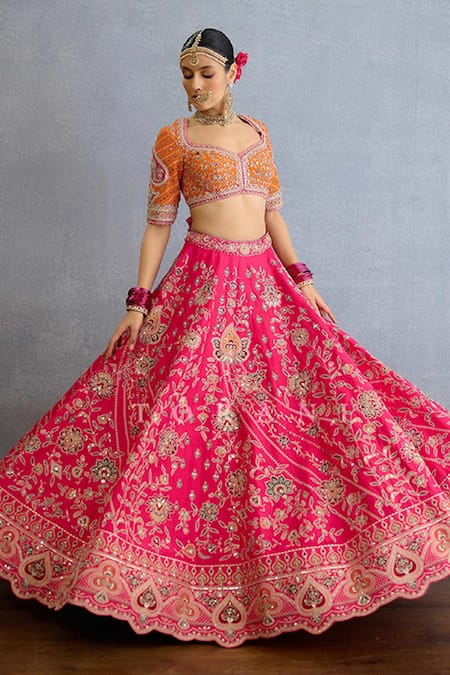 Shop_Torani_Orange Jersey, Silk, Net Pearls, Zari, Embroidery, Gul Bridal Lehenga Set _Online_at_Aza_Fashions