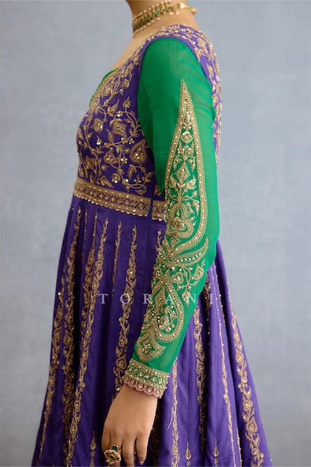 Torani_Purple Muslin, Georgette, Silk Embroidery, Pearls, Zari, Bahar Anarkali Set _Online_at_Aza_Fashions