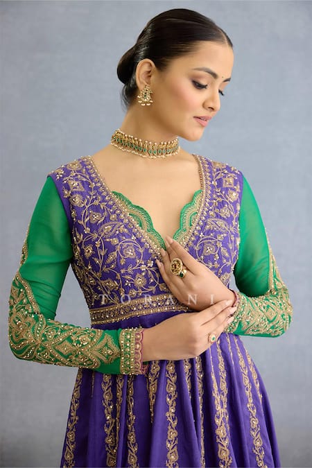 Buy_Torani_Purple Muslin, Georgette, Silk Embroidery, Pearls, Zari, Bahar Anarkali Set _Online_at_Aza_Fashions