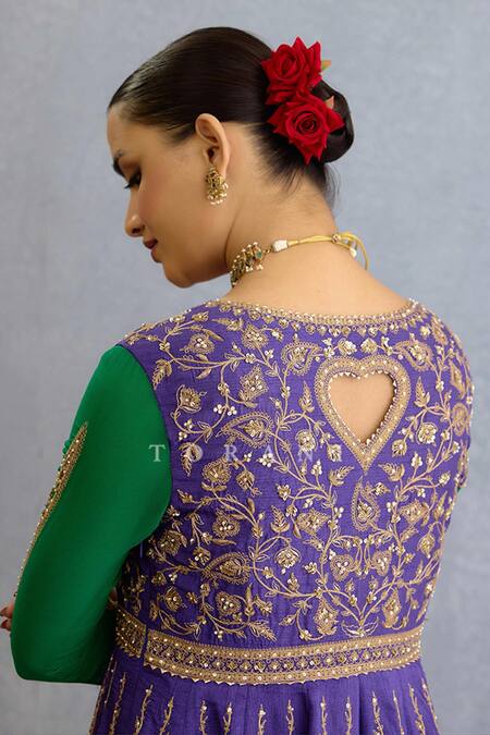 Shop_Torani_Purple Muslin, Georgette, Silk Embroidery, Pearls, Zari, Bahar Anarkali Set _Online_at_Aza_Fashions