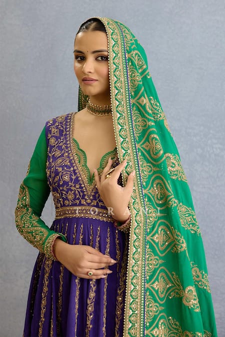 Torani_Purple Muslin, Georgette, Silk Embroidery, Pearls, Zari, Bahar Anarkali Set _at_Aza_Fashions