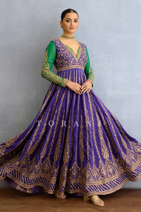 Buy_Torani_Purple Muslin, Georgette, Silk Embroidery, Pearls, Zari, Bahar Anarkali Set 