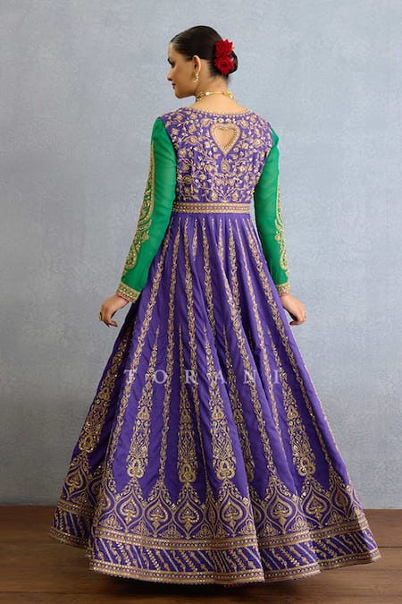 Shop_Torani_Purple Muslin, Georgette, Silk Embroidery, Pearls, Zari, Bahar Anarkali Set _at_Aza_Fashions