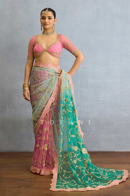Buy Torani Multi Color Net Sequins, Diamonds Sweetheart Embroidered Two Toned Saree Set Online at Aza Fashions Buy_Torani_Multi Color Net Sequins, Diamonds Sweetheart Embroidered Two Toned Saree Set_Online_at_Aza_Fashions
