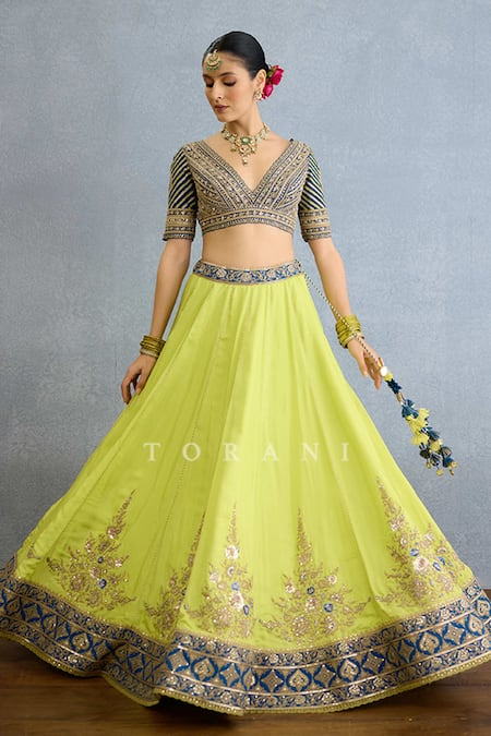 Shop Torani Green Organza, Muslin, Silk Pearls, Zari Gul Bloom Embroidered Lehenga Set at Aza Fashions Shop_Torani_Green Organza, Muslin, Silk Pearls, Zari Gul Bloom Embroidered Lehenga Set _at_Aza_Fashions