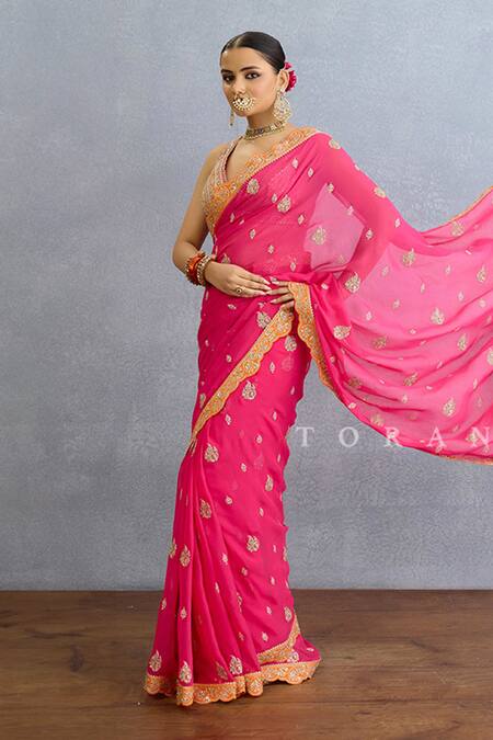 Torani Pink Georgette Embroidery, Diamonds Plunge Neck Crest Motif Saree Set Online at Aza Fashions Torani_Pink Georgette Embroidery, Diamonds Plunge Neck Crest Motif Saree Set_Online_at_Aza_Fashions