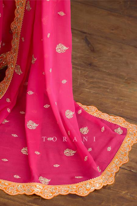 Buy Torani Pink Georgette Embroidery, Diamonds Plunge Neck Crest Motif Saree Set Online at Aza Fashions Buy_Torani_Pink Georgette Embroidery, Diamonds Plunge Neck Crest Motif Saree Set_Online_at_Aza_Fashions