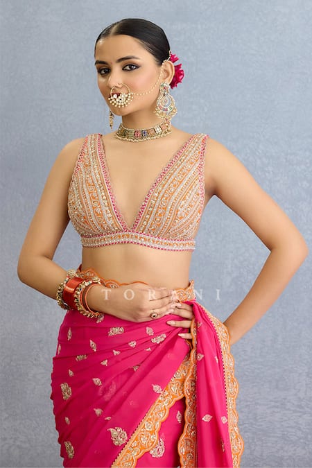 Shop Torani Pink Georgette Embroidery, Diamonds Plunge Neck Crest Motif Saree Set Online at Aza Fashions Shop_Torani_Pink Georgette Embroidery, Diamonds Plunge Neck Crest Motif Saree Set_Online_at_Aza_Fashions