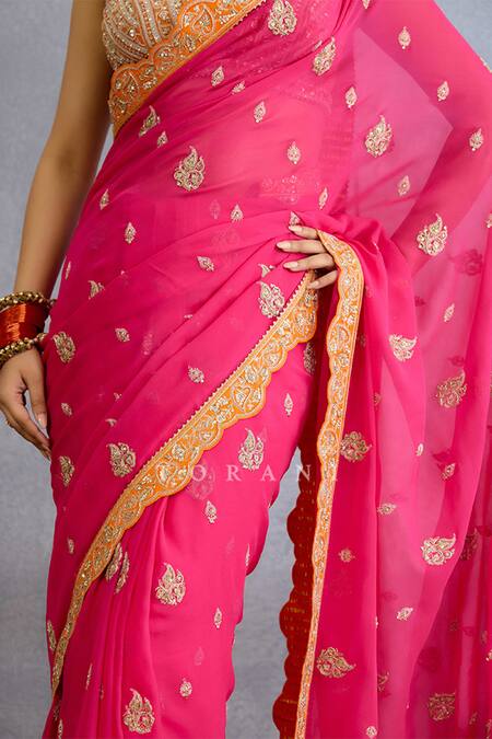 Torani Pink Georgette Embroidery, Diamonds Plunge Neck Crest Motif Saree Set at Aza Fashions Torani_Pink Georgette Embroidery, Diamonds Plunge Neck Crest Motif Saree Set_at_Aza_Fashions