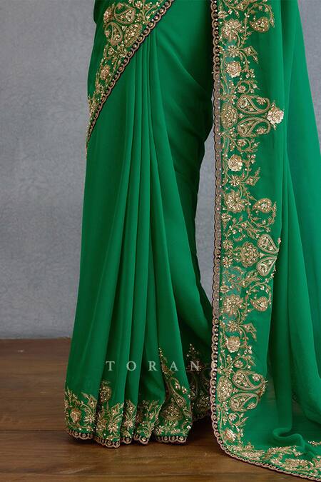 Torani_Green Georgette Diamonds, Embroidery, Sequins Round Neck Paisley Saree Set _Online_at_Aza_Fashions