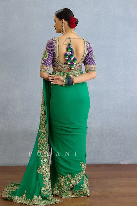 Shop_Torani_Green Georgette Diamonds, Embroidery, Sequins Round Neck Paisley Saree Set _at_Aza_Fashions