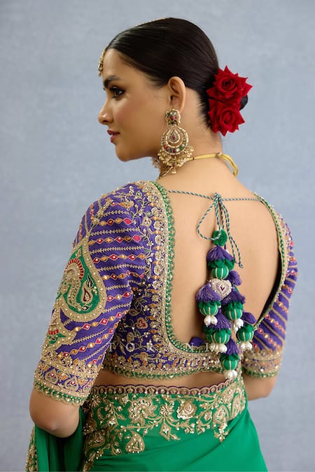 Buy_Torani_Green Georgette Diamonds, Embroidery, Sequins Round Neck Paisley Saree Set _Online_at_Aza_Fashions