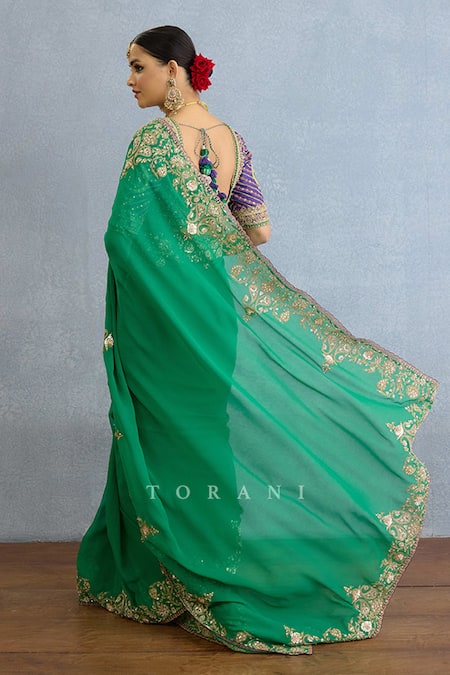 Shop_Torani_Green Georgette Diamonds, Embroidery, Sequins Round Neck Paisley Saree Set _Online_at_Aza_Fashions