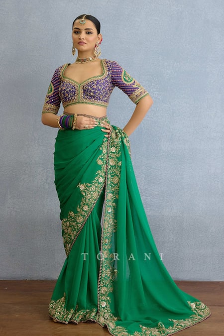 Torani_Green Georgette Diamonds, Embroidery, Sequins Round Neck Paisley Saree Set _at_Aza_Fashions