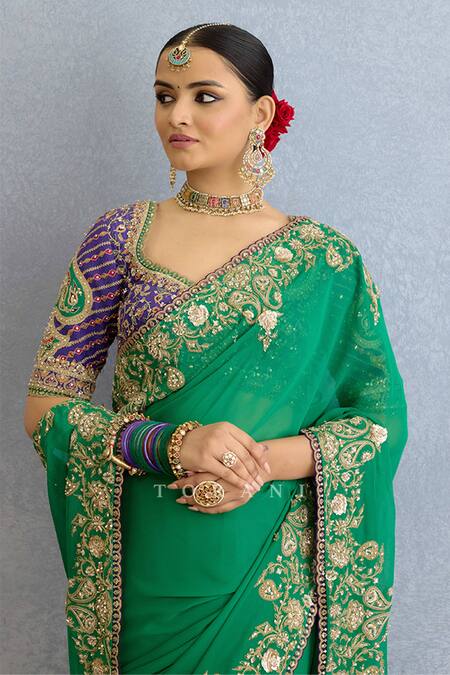 Buy_Torani_Green Georgette Diamonds, Embroidery, Sequins Round Neck Paisley Saree Set 