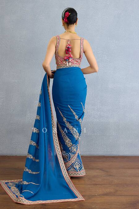 Shop Torani Multi Color Georgette Embroidery, Diamonds Sweetheart Neck Spade Vine Saree Set at Aza Fashions Shop_Torani_Multi Color Georgette Embroidery, Diamonds Sweetheart Neck Spade Vine Saree Set_at_Aza_Fashions