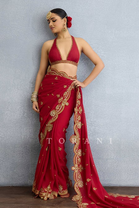 Torani Red Georgette Zari, Diamonds, Sequins Halter Paisley Fleur Embroidered Saree Set Online at Aza Fashions Torani_Red Georgette Zari, Diamonds, Sequins Halter Paisley Fleur Embroidered Saree Set_Online_at_Aza_Fashions