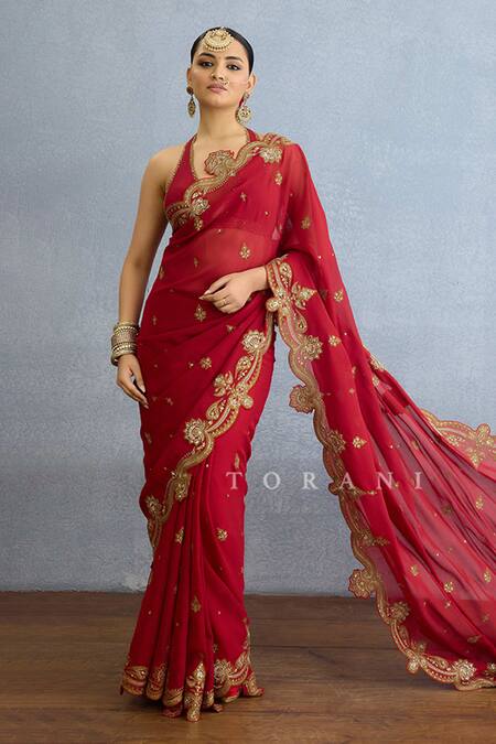 Shop Torani Red Georgette Zari, Diamonds, Sequins Halter Paisley Fleur Embroidered Saree Set Online at Aza Fashions Shop_Torani_Red Georgette Zari, Diamonds, Sequins Halter Paisley Fleur Embroidered Saree Set_Online_at_Aza_Fashions