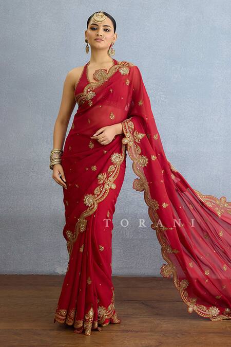 Torani Red Georgette Zari, Diamonds, Sequins Halter Paisley Fleur Embroidered Saree Set at Aza Fashions Torani_Red Georgette Zari, Diamonds, Sequins Halter Paisley Fleur Embroidered Saree Set_at_Aza_Fashions