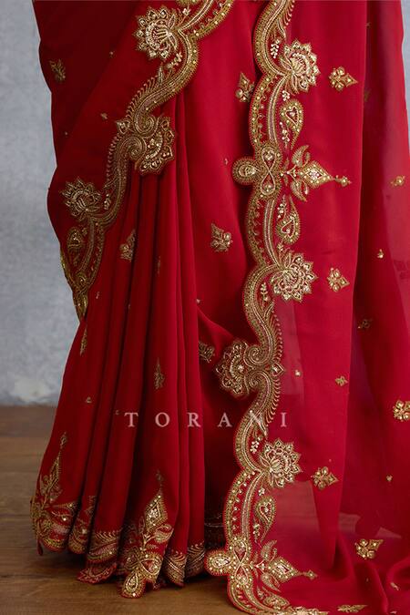 Buy Torani Red Georgette Zari, Diamonds, Sequins Halter Paisley Fleur Embroidered Saree Set Buy_Torani_Red Georgette Zari, Diamonds, Sequins Halter Paisley Fleur Embroidered Saree Set