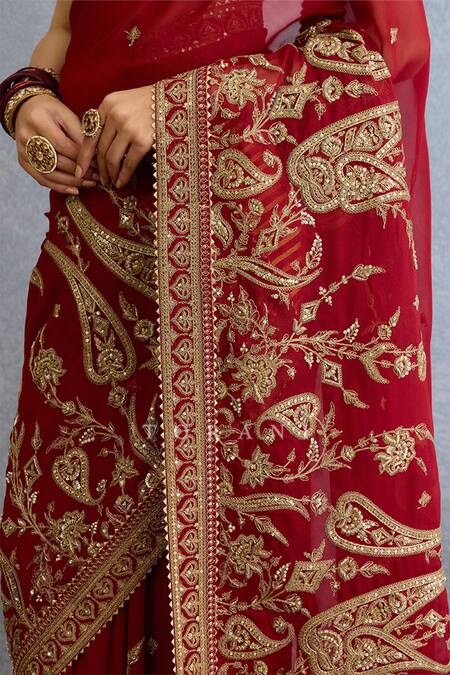 Torani_Red Georgette Embroidery, Sequins Sweetheart Neck Paisley Garden Saree Set_Online_at_Aza_Fashions